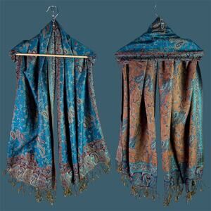 Beautiful Pashmina & Silk Blend Teal Gold Maroon 70" x 27" Scarf Shawl Fringe